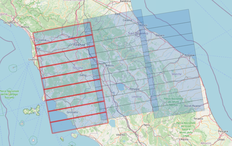 Sentinel-1 bursts in blue and sub-swath IW1 highlighted in red